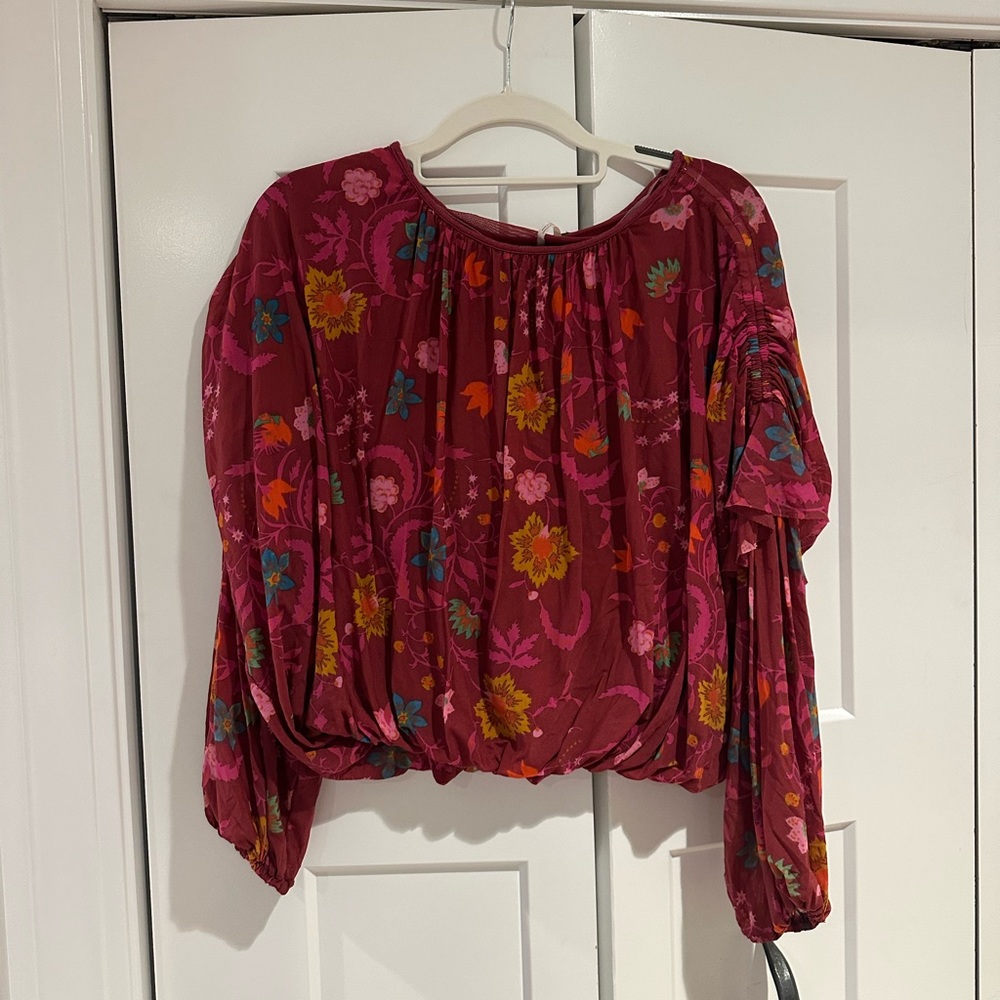 Free People Floral Blouse Top in Deep Berry